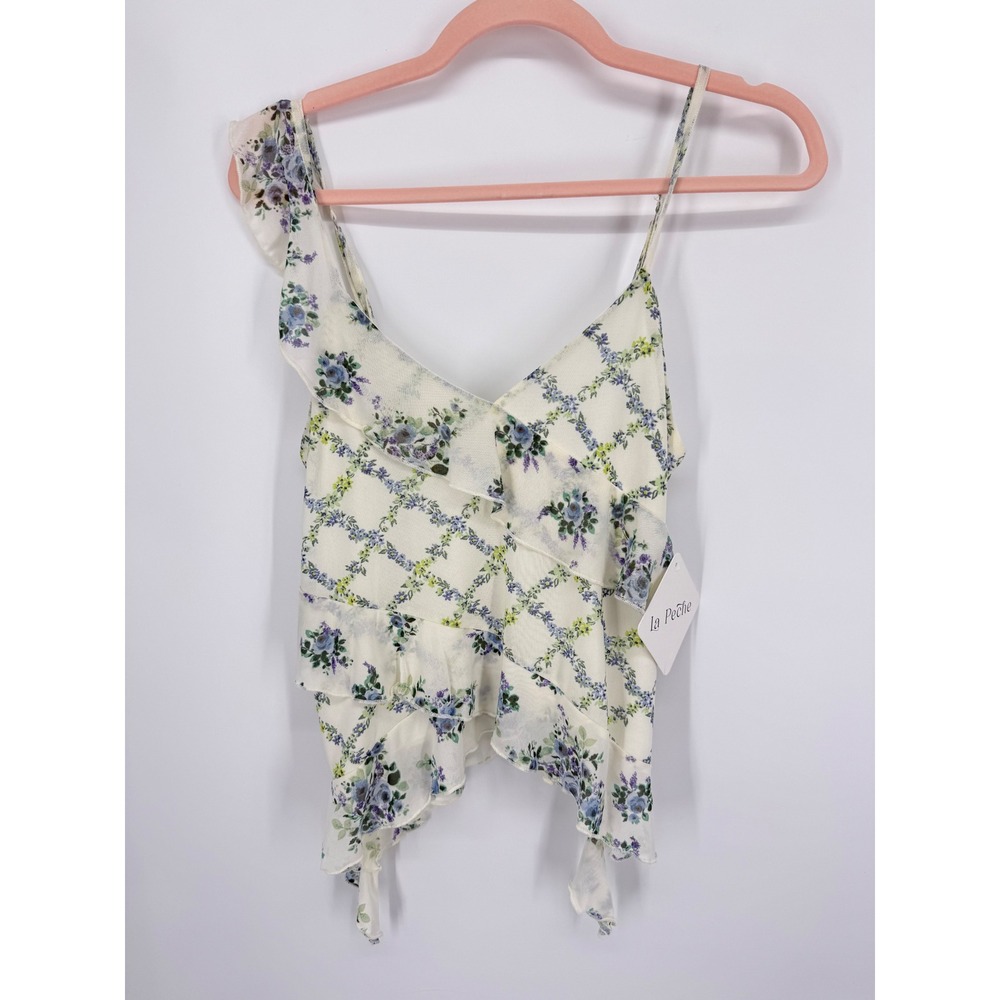 La Peche Ruffle Camisole Women Size S Cream Blue Floral Mesh Asymmetrical Top